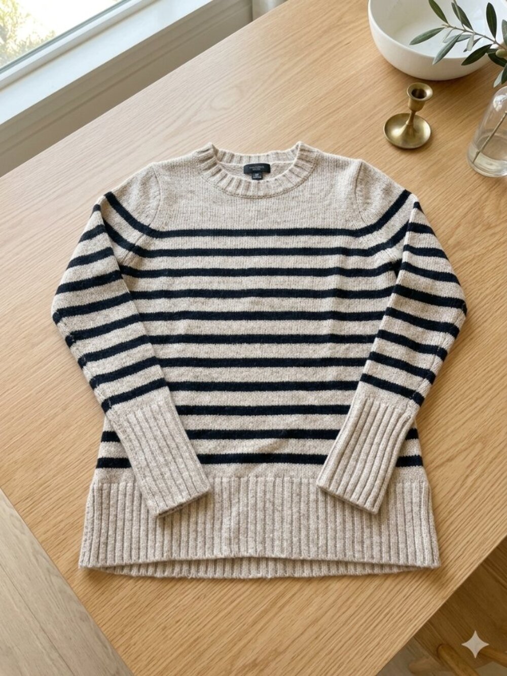 J. Crew Striped Crewneck Knit Sweater Cream Black Ribbed XS